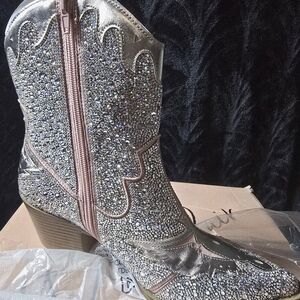 Wild Pair Rhinestone Cowboy Boots  Pink Bling Western Ankle Boots | Size 9